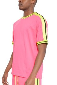 STRIPED TAPE SHORT SLEEVE TSHIRT (Color: Pink, size: XL)
