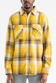 Regular Fit Checker Plaid Flannel Long Sleeve (Color: YELLOW BROWN, size: XL)