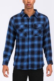 Regular Fit Checker Plaid Flannel Long Sleeve (Color: NAVY SKY, size: M)