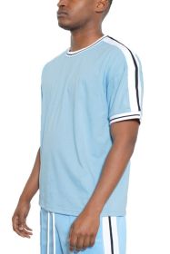STRIPED TAPE SHORT SLEEVE TSHIRT (Color: LIGHT BLUE, size: 2XL)