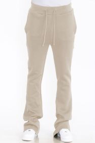 Mens Solid Fleece Flare Stacked PANTS (Color: OATMEAL, size: 32)