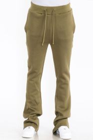 Mens Solid Fleece Flare Stacked PANTS (Color: OLIVE, size: 38)