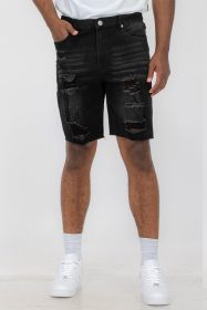 Distressed Stretch Denim Shorts (Color: Black, size: 38)